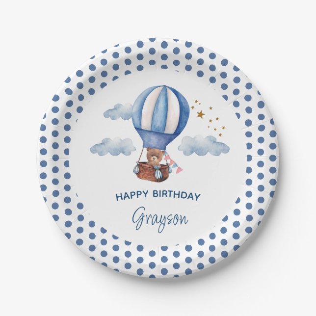 Plato De Papel Oso de peluche azul cumpleaños 1 (Anverso)