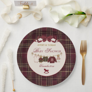 Plato De Papel Oso de peluche Baby Shower Niña Cuadro Burgundy La