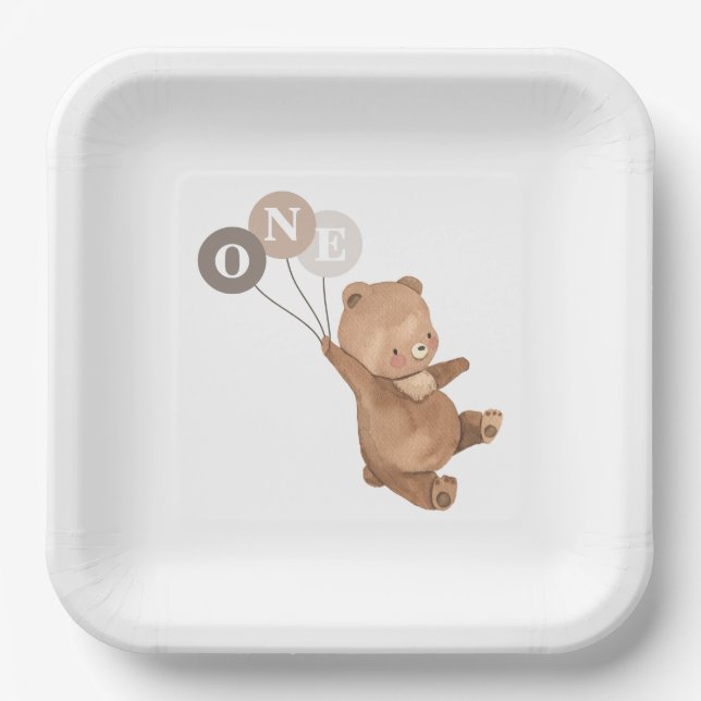 Plato De Papel Oso de peluche con 3 placas de papel de globos mar (Anverso)
