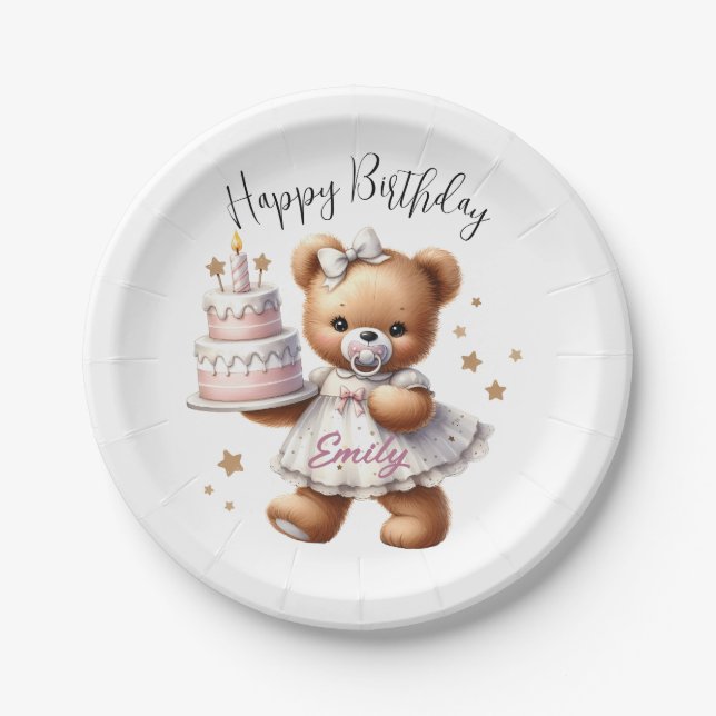 Plato De Papel Oso de peluche con globos y regalos (Anverso)