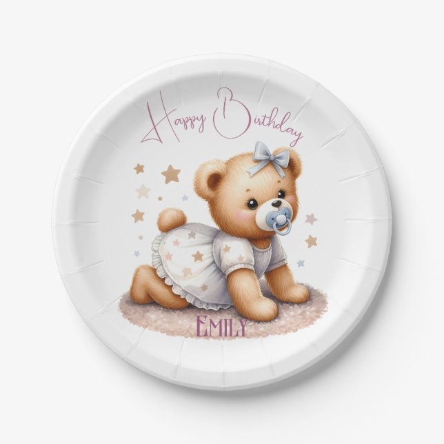 Plato De Papel Oso de peluche con globos y regalos (Anverso)