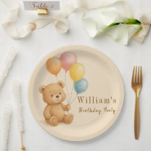 Oso de peluche con placa de papel de globos pastel