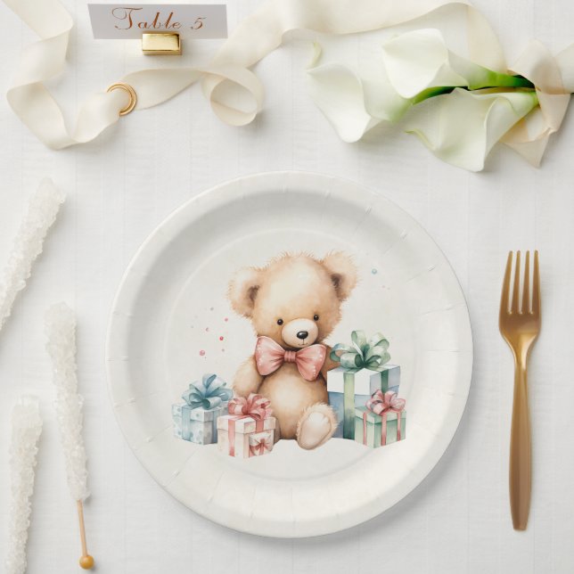 Plato De Papel Oso de peluche con regalo de Navidad (Boda)