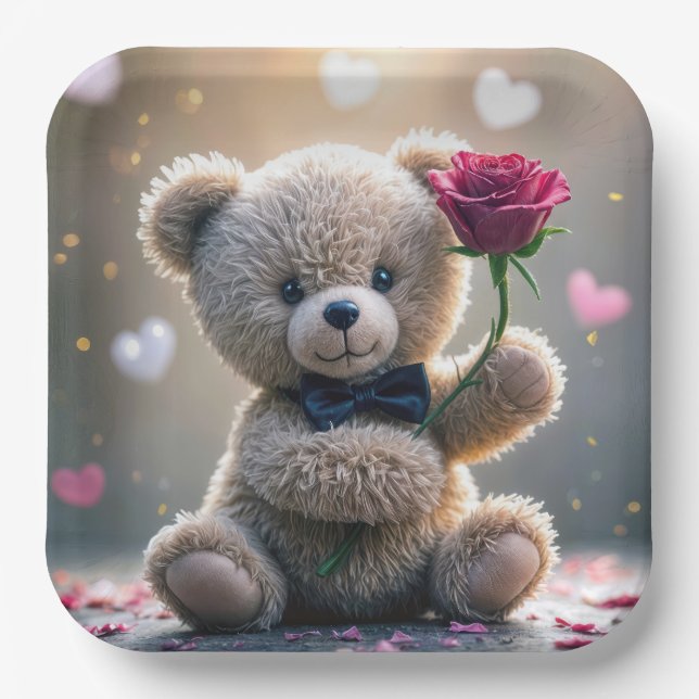 Plato De Papel Oso de peluche con rosa roja (Anverso)
