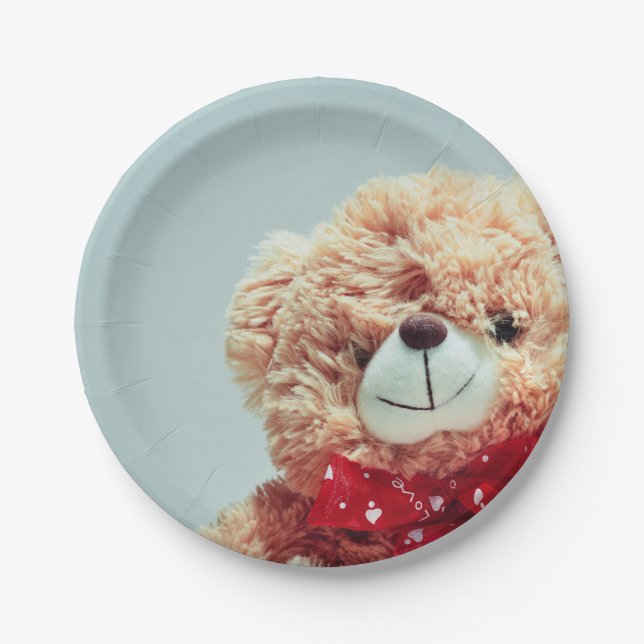 Plato De Papel Oso de peluche con un arco rojo (Anverso)