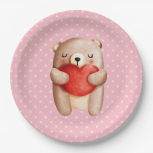Plato De Papel Oso de peluche con un corazón rojo
