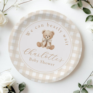Plato De Papel Oso de peluche Cuadros Neutro Fiesta de bebé