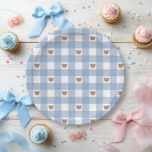 Plato De Papel Oso de peluche de gingham azul - Oso de bebé niño
