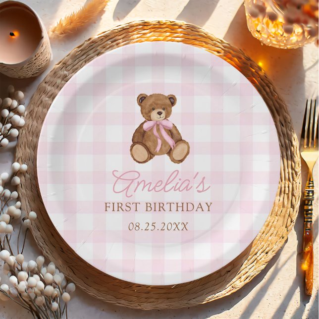 Plato De Papel Oso de peluche de gingham rosa cumpleaños Beary pr (Subido por el creador)