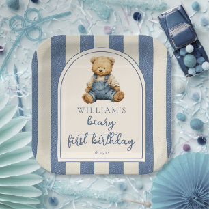 Plato De Papel Oso de peluche de mezclilla vaquera cumpleaños 1