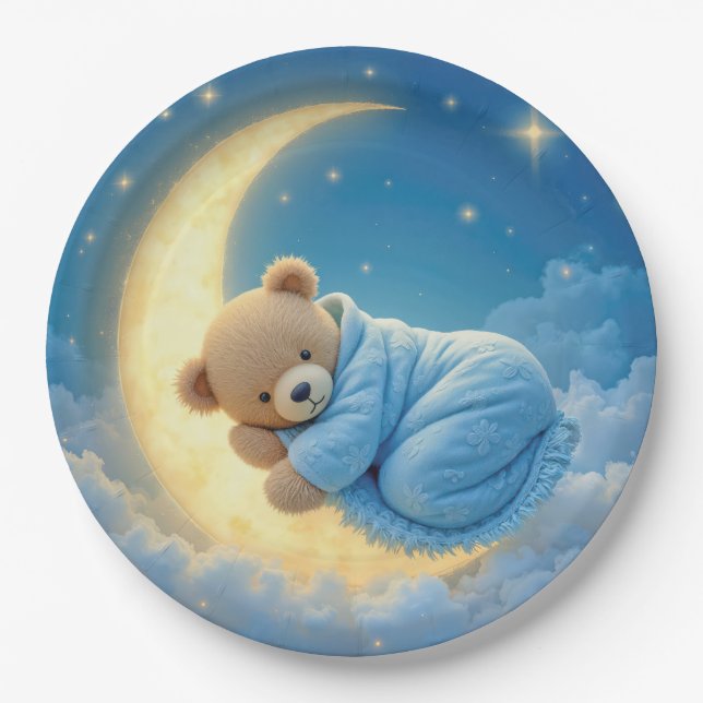 Plato De Papel Oso de peluche durmiendo en la luna (Anverso)