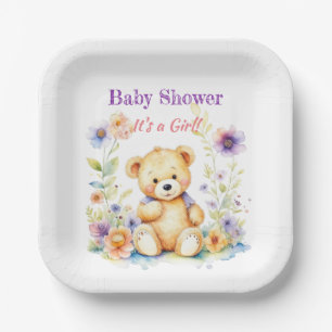 Plato De Papel Oso de peluche en Baby Shower, Chica de flores