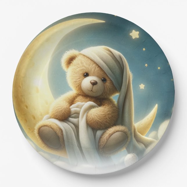 Plato De Papel Oso de peluche en Baby Shower sobre estrellas bril (Anverso)