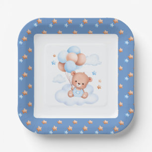Plato De Papel Oso de peluche estrella azul globo nube Aqeeqah be