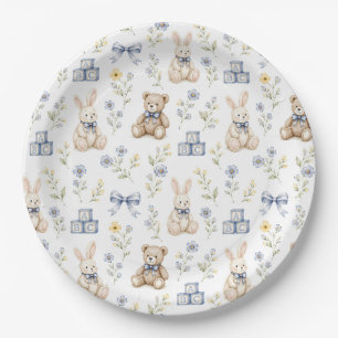 Plato De Papel Oso de peluche floral azul conejito guardería baby