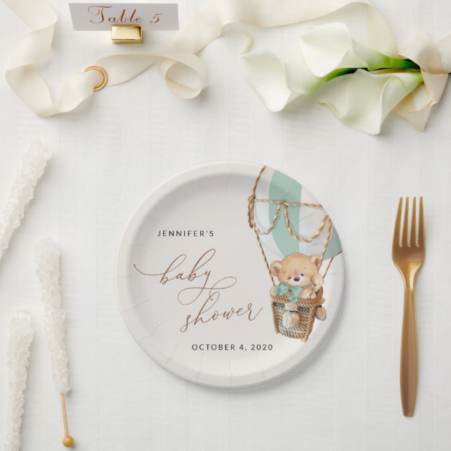 Plato De Papel Oso de peluche, globo de aire caliente verde, Baby (Boda)