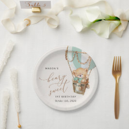 Plato De Papel Oso de peluche, globo de aire caliente verde, prim