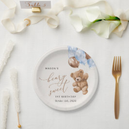 Plato De Papel Oso de peluche, globos azules, primer cumpleaños