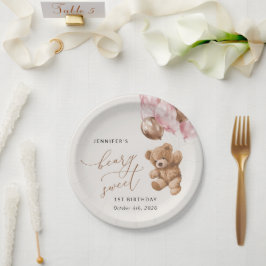 Plato De Papel Oso de peluche, globos rosados, primer cumpleaños