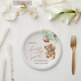 Plato De Papel Oso de peluche, globos verdes, primer cumpleaños