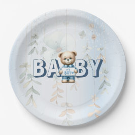 Plato De Papel Oso de peluche lindo fiesta floral azul