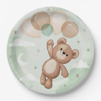Plato De Papel Oso de peluche lindo flotando con globos Baby Show