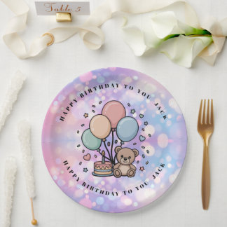 Plato De Papel Oso de peluche lindo y globos pastel de cumpleaños