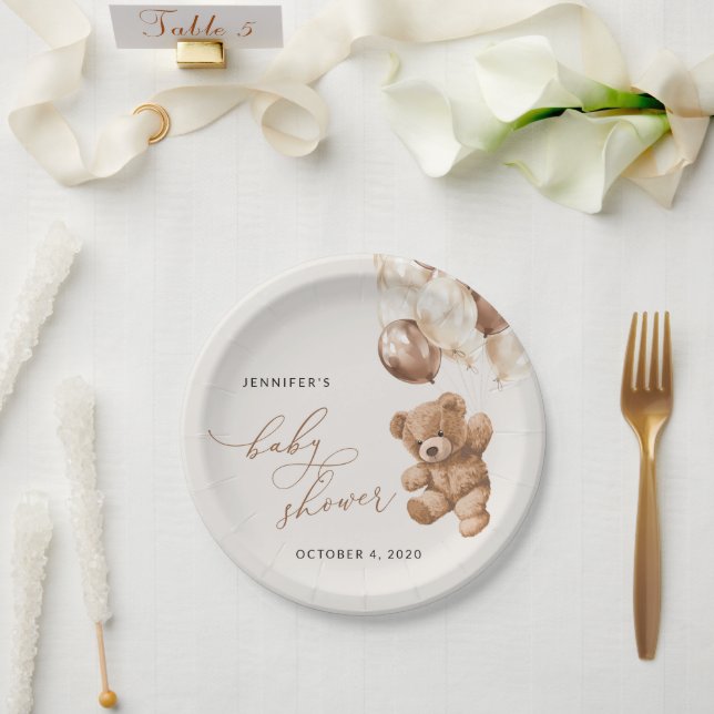 Plato De Papel Oso de peluche, oso de bebé, globos pardos, Baby S (Boda)