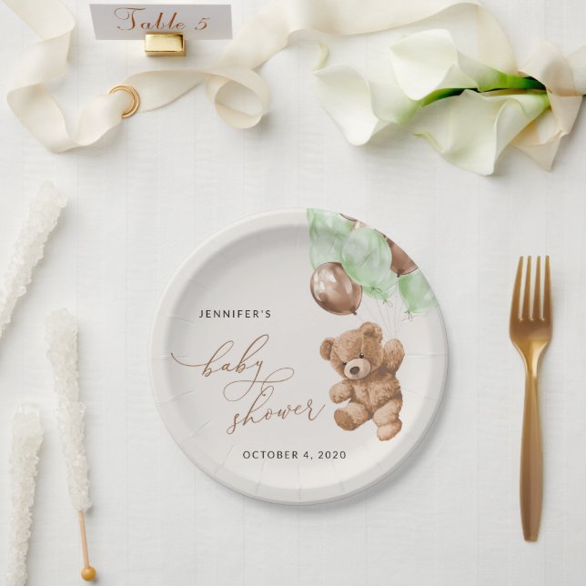 Plato De Papel Oso de peluche, Oso de bebé, Globos verdes, Baby S (Boda)