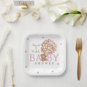 Plato De Papel Oso de peluche rosa con globos para baby shower de