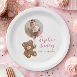 Plato De Papel Oso de peluche rosa Cumpleaños de un año Foto