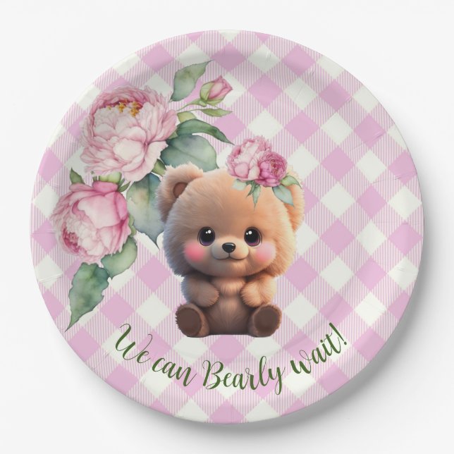 Plato De Papel Oso de peluche rosa gingham floral Baby Shower (Anverso)