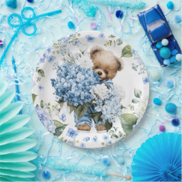 Plato De Papel Oso de peluche sostiene flores de hortensias