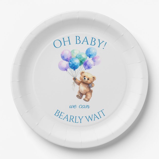 Plato De Papel Oso de peluche sostiene globos flotando (Anverso)