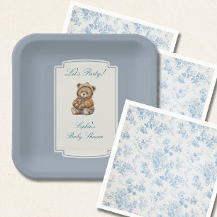 Plato De Papel Oso de peluche vintage, ducha de bebé azul polvori