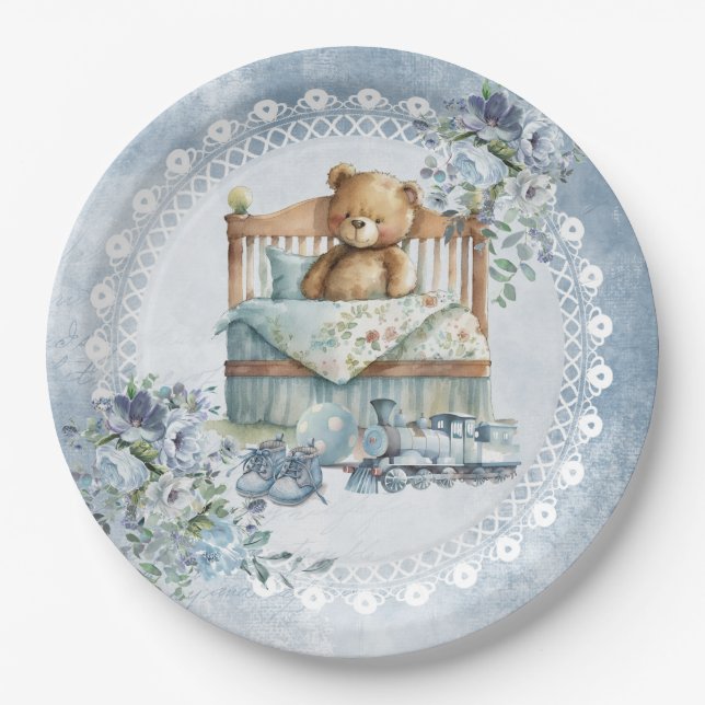 Plato De Papel Oso de peluche y flores azules polvorientas niño d (Anverso)