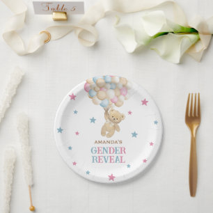 Plato De Papel Oso de Revelación de Género Rosa Azul Moderno