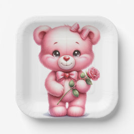 PLATO DE PAPEL OSO DE TEDDÍA DE BEBÉ ROSA CON UN ROSA