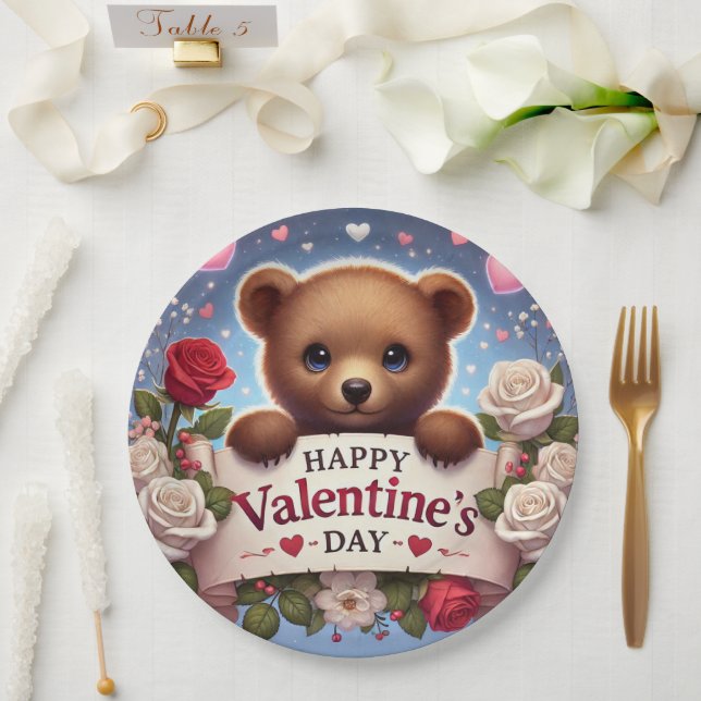 Plato De Papel Oso de Teddy Adorable con Rosas (Boda)