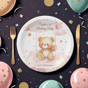 Plato De Papel Oso de Teddy Adorable Primer Cumpleaños - Placa Pe
