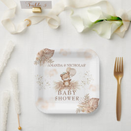 Plato De Papel Oso de Teddy Baby Shower Neutral Boho