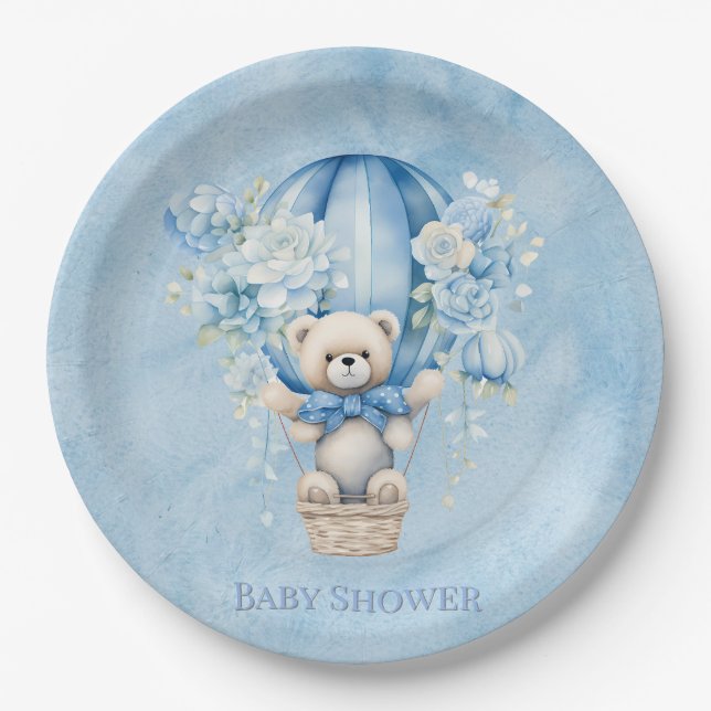 Plato De Papel Oso De Teddy Con Aire Caliente En Baby Shower (Anverso)