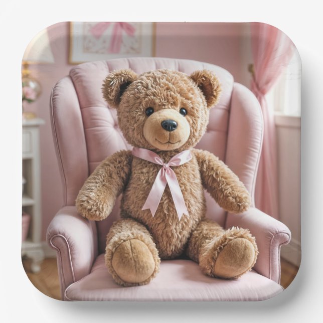 Plato De Papel Oso De Teddy Con Bow Rosa (Anverso)