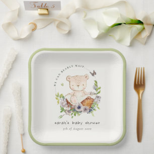 Plato De Papel Oso De Teddy Cuidadoso En Baby Shower Verde De La