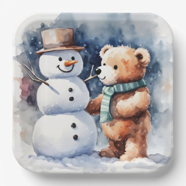 Plato De Papel Oso De Teddy De Invierno Y Snowman (Anverso)
