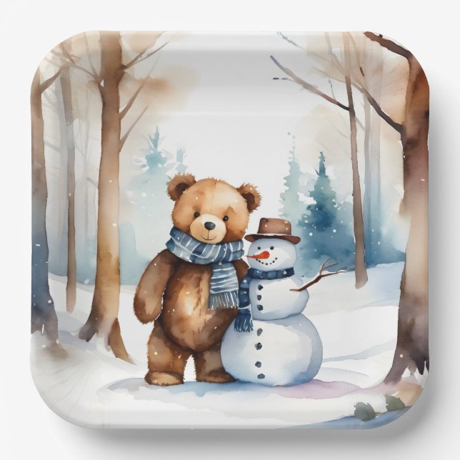 Plato De Papel Oso De Teddy De Invierno Y Snowman (Anverso)