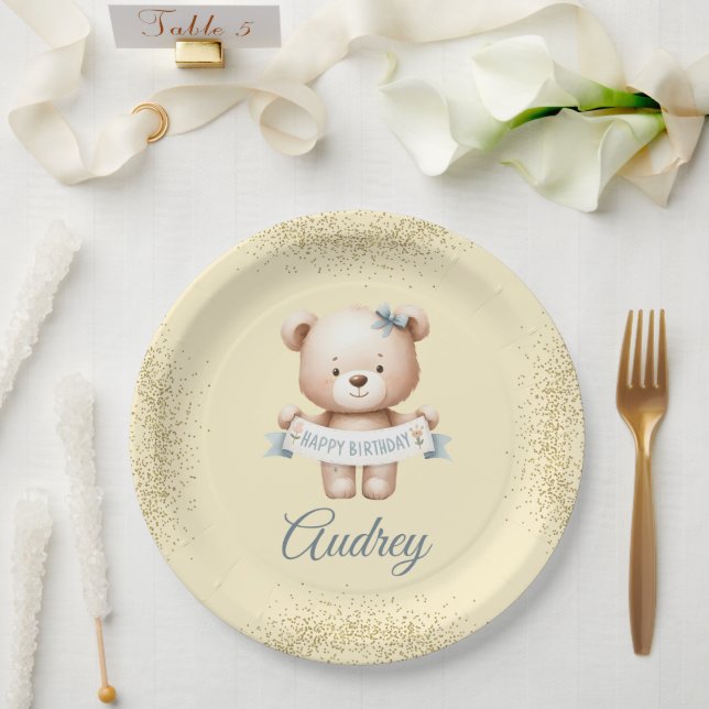 Plato De Papel Oso de Teddy lindo con Brithday (Boda)