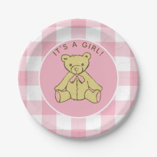 Plato De Papel Oso del chica de Baby Shower con el control rosado