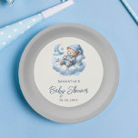 Plato De Papel Oso durmiente en la ducha de bebé de un niño gris<br><div class="desc">Celebra la llegada de tu pequeño con esta encantadora placa de papel con un oso bebé acuarela durmiendo tranquilamente en una nube. El bonito ilustracion está recubierto de forma circular y rodeado de un entorno gris claro y sereno. Perfecto para añadir un toque de brillo a su fiesta de ducha...</div>