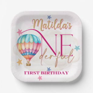 Plato De Papel Oso en un globo rosa 7" Placas cuadradas de papel
